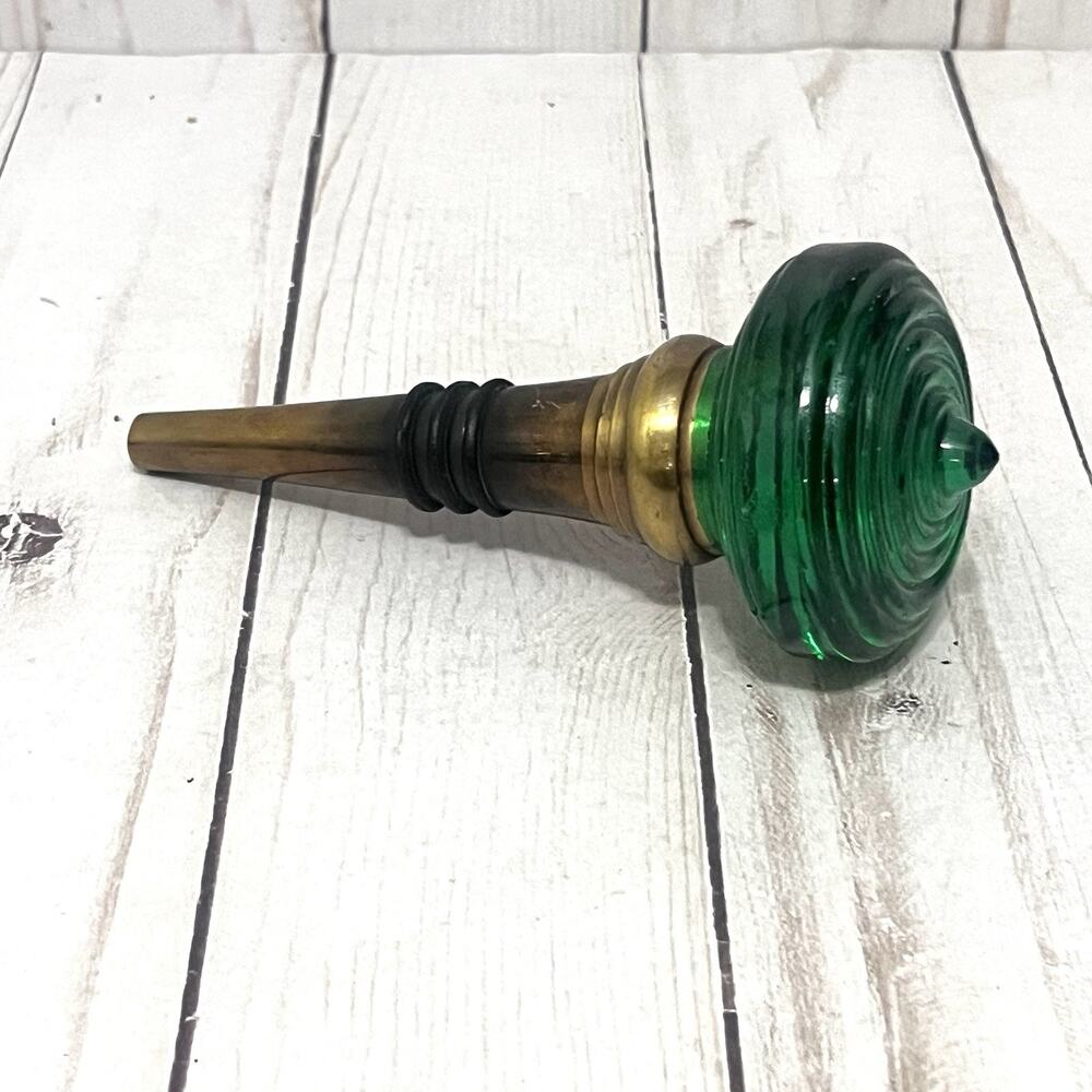 Vintage Emerald Green Glass Bottle Stopper Brass Wine Cork Barware